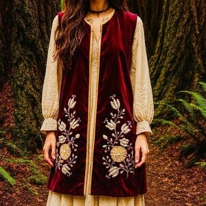 VTG 1930’s Polish Embroidered Velvet Lined Vest Maroon Gold Janis Joplin Hendrix